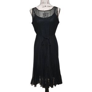 SANDRA DARREN Black Mesh Shimmer Overlay Waist Tie Ruffled Hem Midi Dress SIZE 6